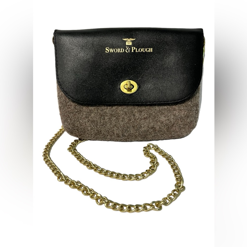 Sword & Plough Black Leather & Wool Crossbody Bag Purse w/ Removable Gold Chain